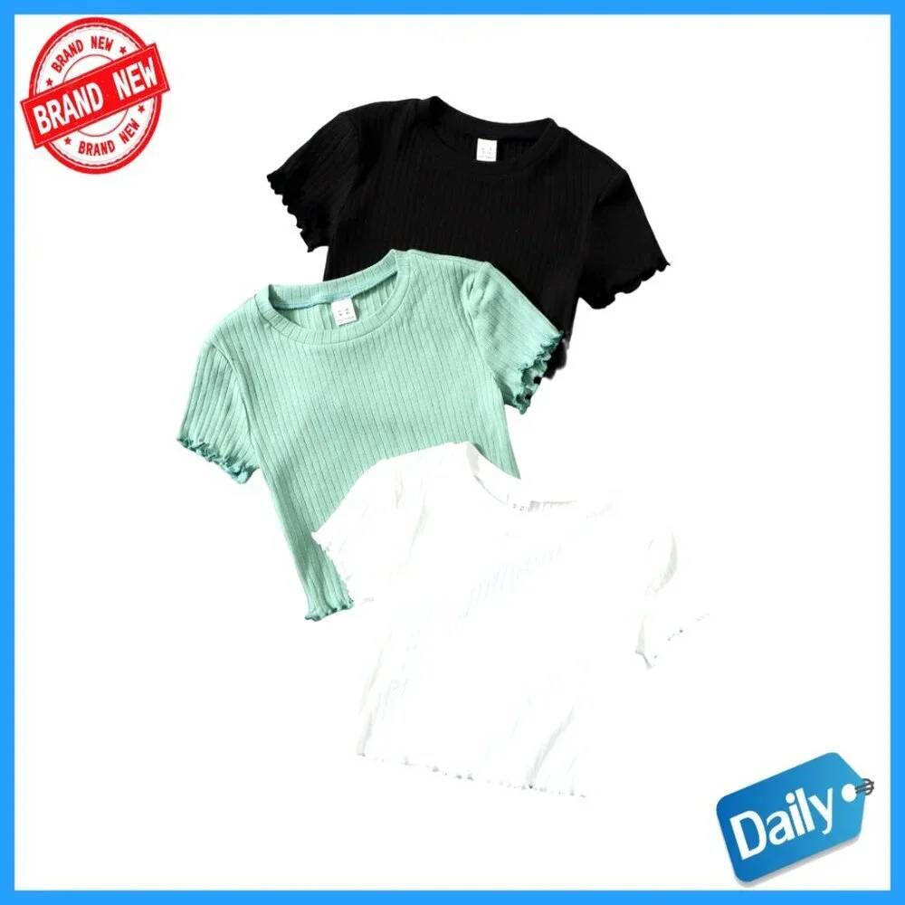Girls 3-Piece Rib Knit Crop Top Set with Lettuce Trim